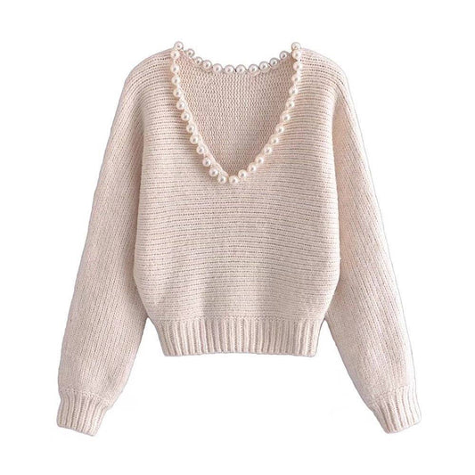 Chic Casual Faux Pearl-embellished Pullover Sweater