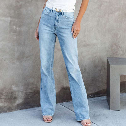 European And American Style Washed Fashionable All-match Mid-waist Denim Straight-leg Trousers