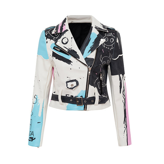 White motorcycle leather jacket with custom rivets and graffiti print