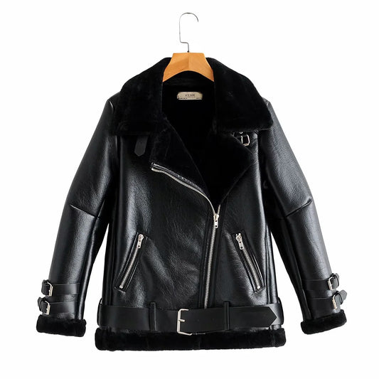 Large faux leather coat with large neckline and oblique zipper