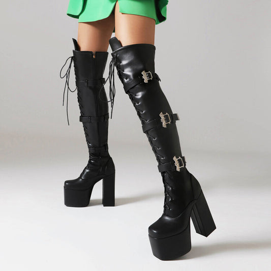 Black Patent Leather Lace-Up Over-the-Knee Boots for Club Parties