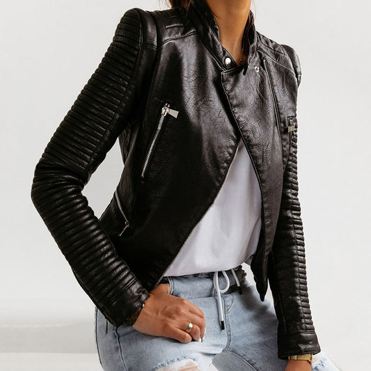 Fashionable black leather jacket with stand-up collar-Premium quality clothing