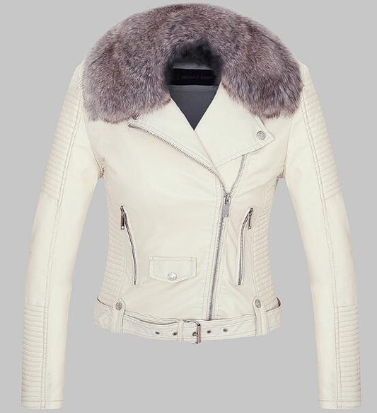 Faux leather jacket with removable fur collar