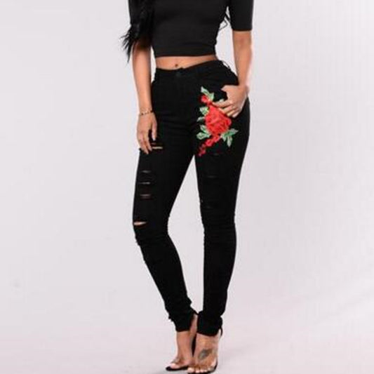 Black Ripped Embroidered Jeans for Women